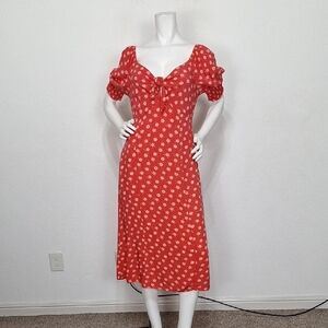 Mimi Chica Orange/Red Floral Print Pocket Romantic Cottagecore Midi Dress Size L